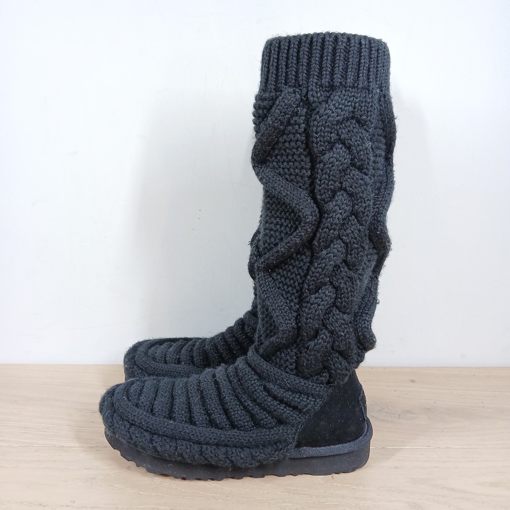 UGG Boots Womens 6 Black Classic Knit Cable Tall Winter Cozy Comfort Slouchy Fit